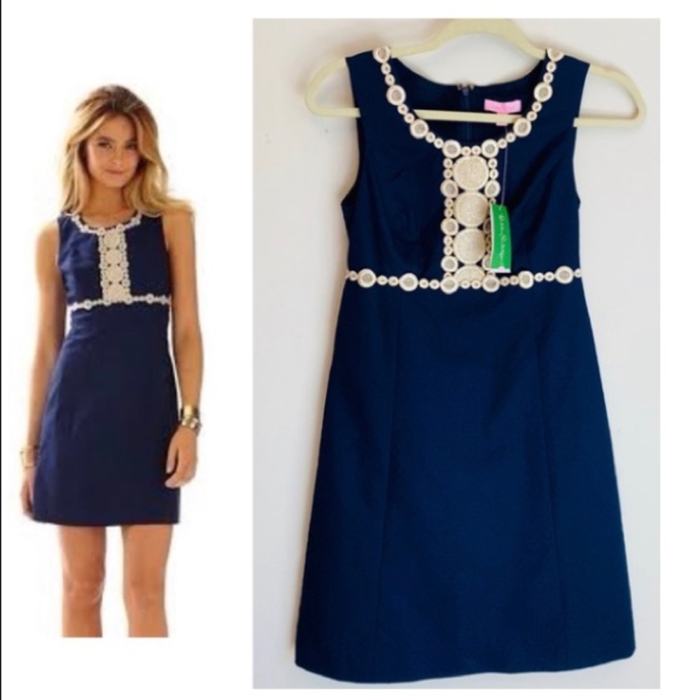 NWT Lilly Pulitzer Navy + Gold Rosie Shift Dress Sz 0